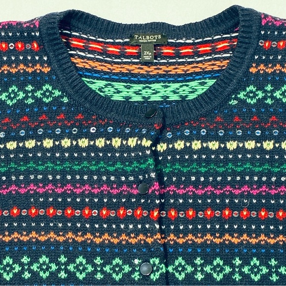 Talbots Vintage Sequin Rainbow Fair Isle Cardigan Sweater Button Up 2x Petite - Picture 2 of 6